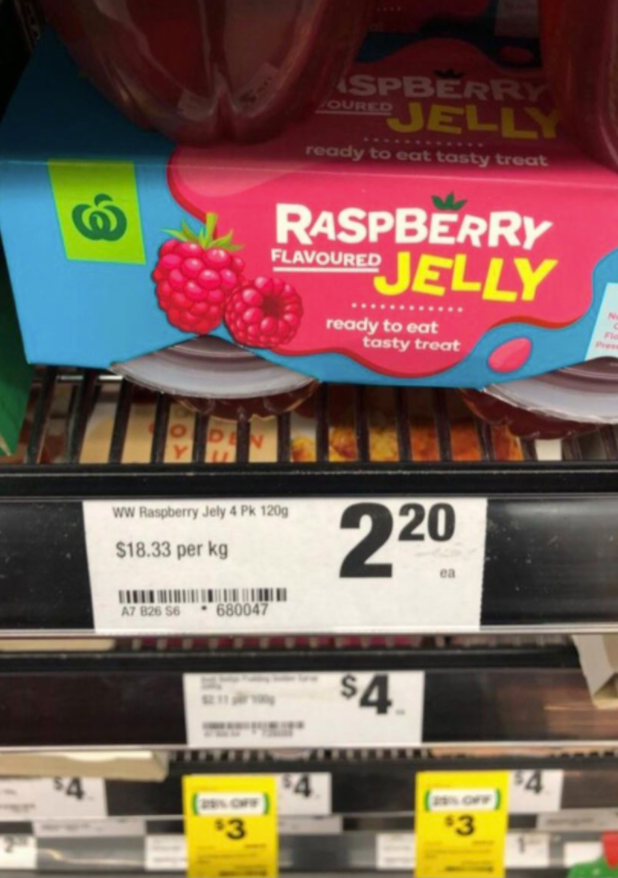 Image of Woolworths jelly cups $2.20 four pack for $18.33 per kilo