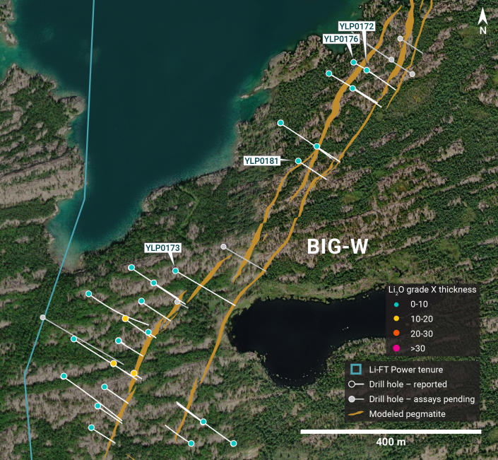 Plan view showing the surface expression of the BIG West pegmatite with diamond drill holes reported in this press release.