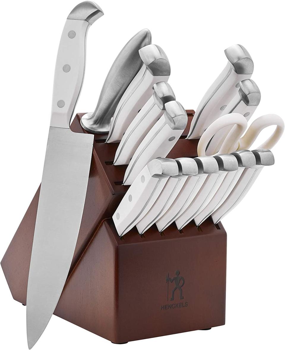 HENCKELS Statement 15 Piece White-Handled Knife Block Set. Image via Amazon.