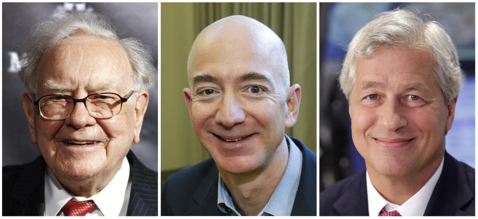 This combination of photos from left shows Warren Buffett on Sept. 19, 2017, in New York, Jeff Bezos, CEO of Amazon.com, on Sept. 24, 2013, in Seattle and JP Morgan Chase Chairman and CEO Jamie Dimon on July 12, 2013, in New York. Buffett’s Berkshire Hathaway, Amazon and the New York bank JPMorgan Chase are teaming up to create a health care company announced Tuesday, Jan. 30, 2018, that is "free from profit-making incentives and constraints." (AP Photos)