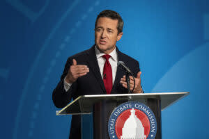  Derek Brown speaks during the attorney general GOP primary debate with Frank Mylar and Rachel Terry, at the KUED Studio, on Tuesday, June 11, 2024. (Pool photo by Rick Egan/The Salt Lake Tribune)