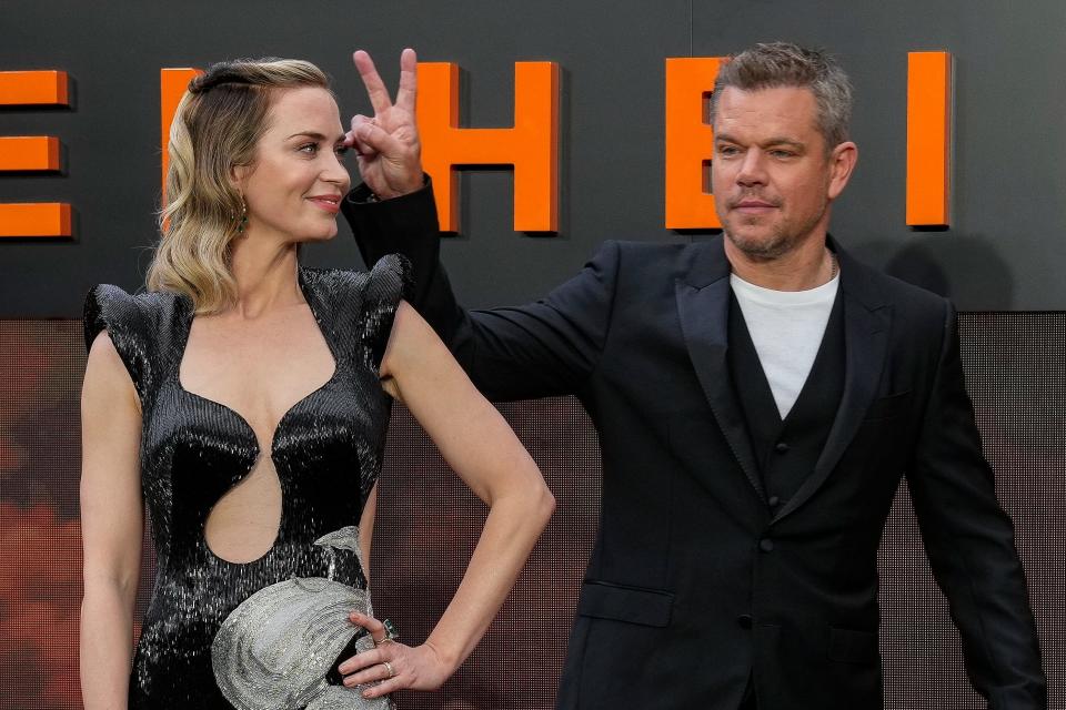Emily Blunt, left, and Matt Damon at the London premiere of "Oppenheimer" earlier this month.