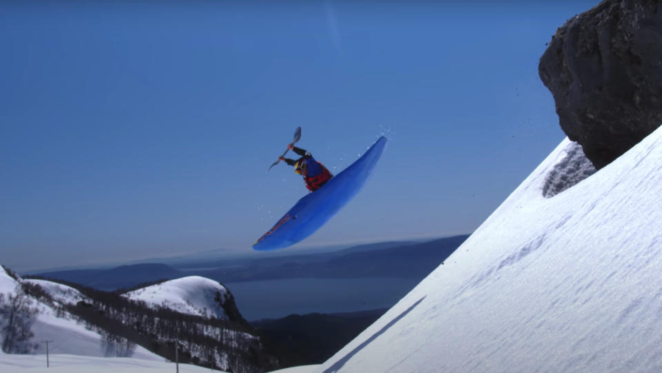 Spanish kayaker Aniol Serrasolses shreds a snowy mountain, rips through a forest, dives into a river, and nails a "double kickflip" in this Red Bull stunt.