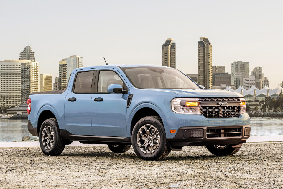 This photo provided by Ford shows the 2022 Ford Maverick, a compact pickup truck that comes standard with a hybrid engine and gets an EPA-estimated 37 mpg in combined driving. (Courtesy of the Ford Motor Co. via AP)