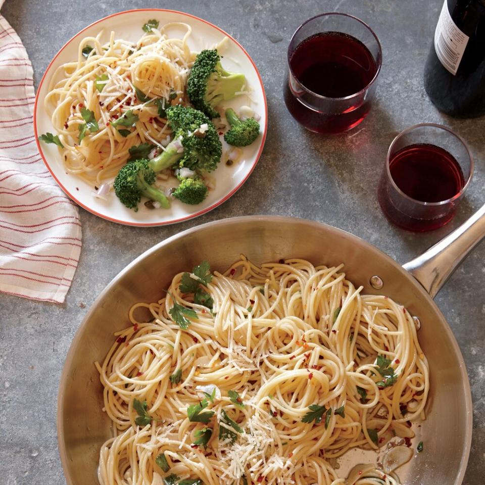 Spaghetti with Anchovies, Garlic, and Red Pepper with Lemon-Caper Broccoli