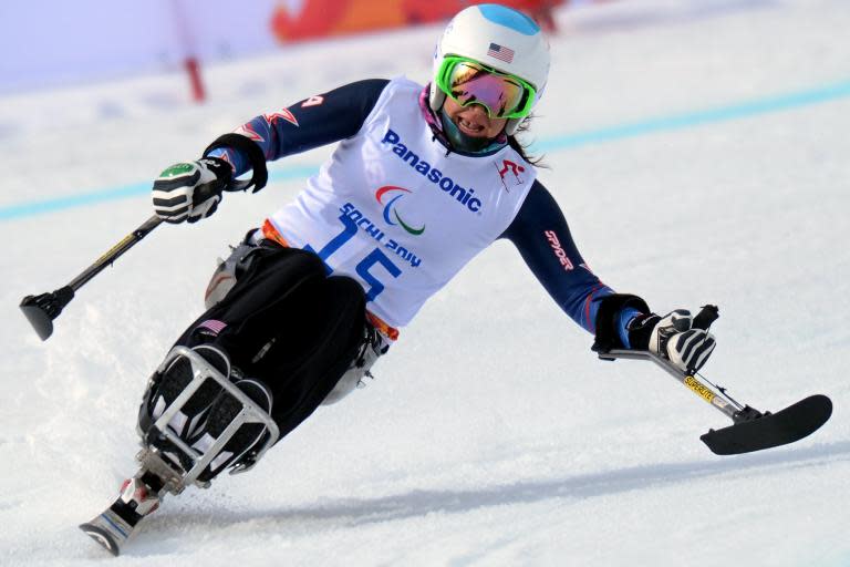 Alana Nichols of the US competes during the Women's Downhill Sitting at the Paralympic Games in the Rosa Khutor stadium near Sochi on March 8, 2014