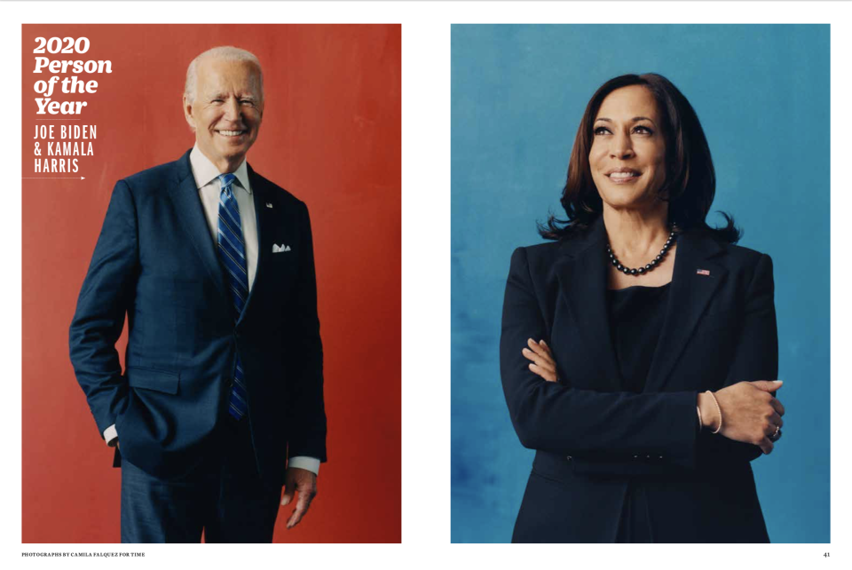 Biden joins a long list of fellow presidents who've been named TIME's Person of the Year. Harris is the first vice president to be given the distinction. (Photographs by Camila Falquez for TIME / Courtesy of TIME)