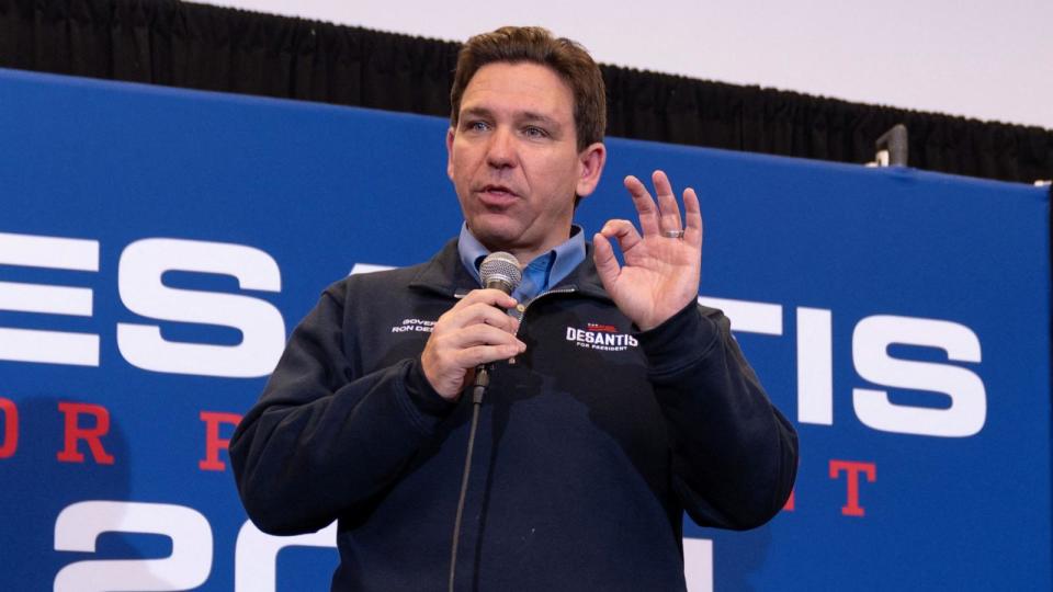 PHOTO: Republican presidential candidate and Florida Governor, Ron DeSantis,  gestures while speaking during a campaign event, Jan. 3, 2023, in Waukee, Iowa. (Cheney Orr/Reuters)
