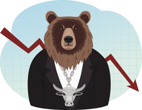 A cartoonish drawing of a bear wearing a necklace with a bull charm. There's a red line showing a stock price crash behind the bear..