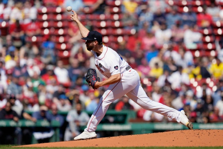 Boston Red Sox’s Cutter Crawford pitches against the Cleveland Guardians during the first inning of a baseball game, Monday, April 15, 2024, in Boston. (AP Photo/Michael Dwyer)