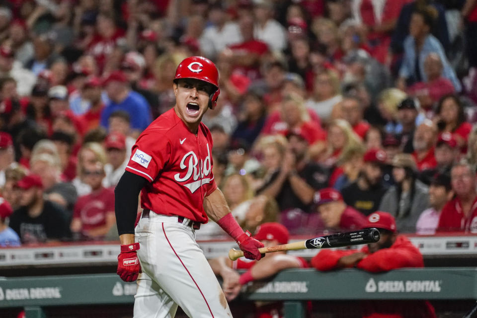 Cincinnati Reds' Alejo Lopez argues with umpire Brennan Miller after striking out during the fourth inning of a baseball game against the St. Louis Cardinals, Saturday, Sept. 9, 2023, in Cincinnati. Lopez was ejected from the game after the exchange. (AP Photo/Joshua A. Bickel)