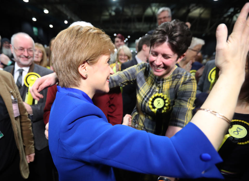 First Minister Nicola Sturgeon celebrates with supporters at the SEC Centre in Glasgow during counting for the 2019 General Election. (Photo by Andrew Milligan/PA Images via Getty Images)