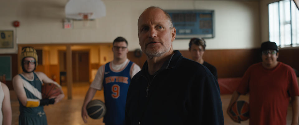 Casey Metcalfe as Marlon, James Day Keith as Benny, Woody Harrelson as Marcus, Ashton Gunning as Cody, and Tom Sinclair as Blair in 'Champions'<span class="copyright">Courtesy of Focus Features</span>