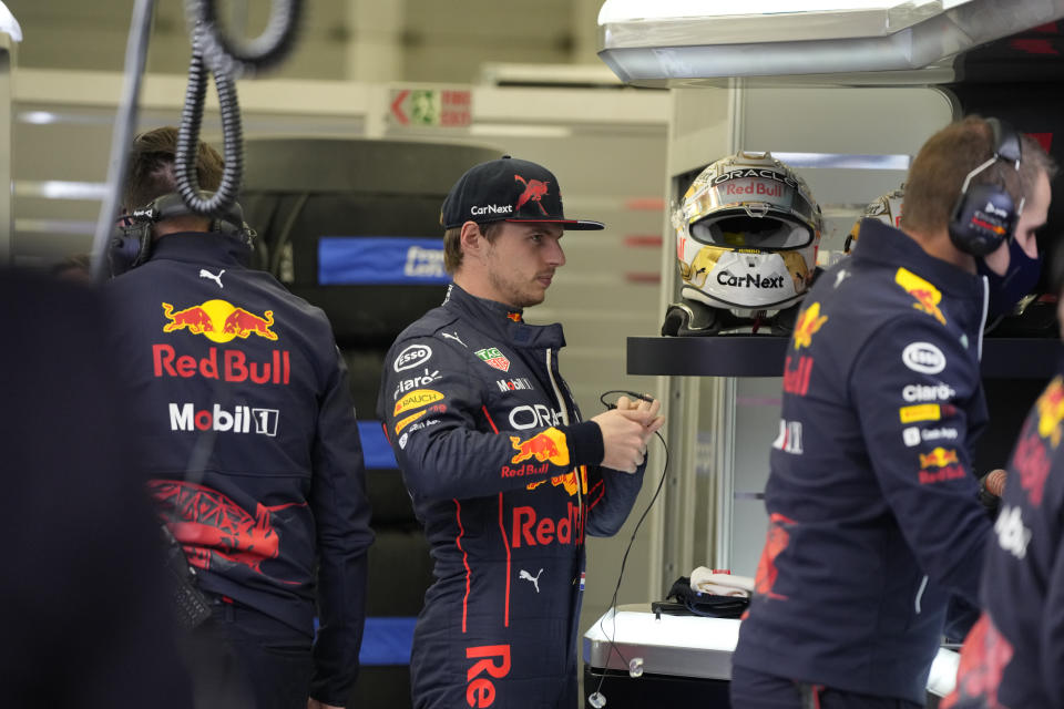 Red Bull driver Max Verstappen of the Netherlands gets ready during a practice for theFormula One Bahrain Grand Prix it in Sakhir, Bahrain, Friday, March 18, 2022. (AP Photo/Hassan Ammar)