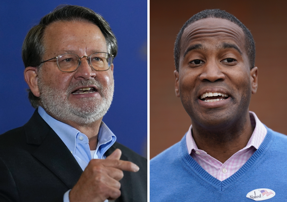 Michigan Sen. Gary Peters (D); Senate candidate John James (R) / Credit: AP Photo/Carolyn Kaster; Paul Sancya