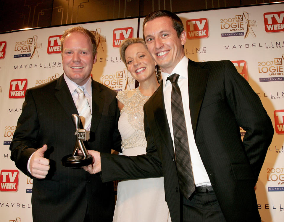 Rove McManus (R), Peter Helliar and Carrie Bickmore. 