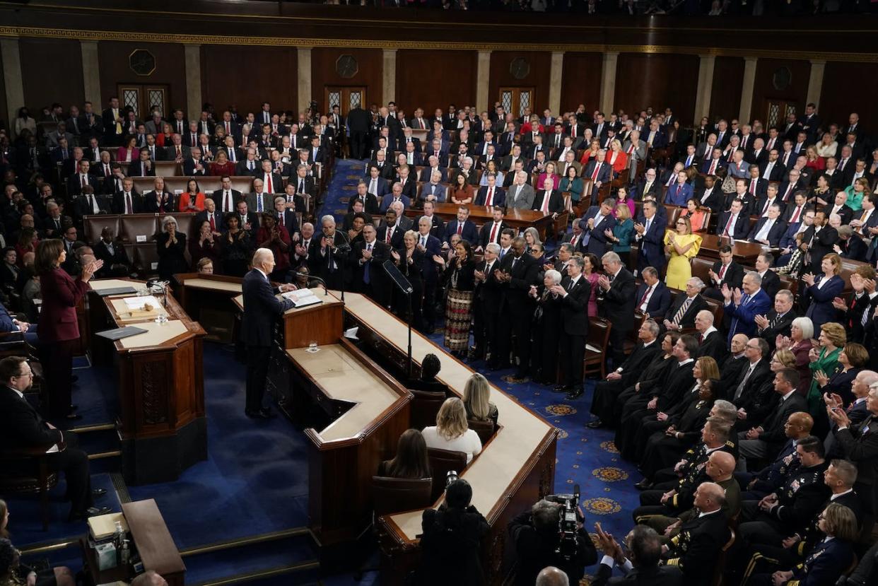 During President Joe Biden's State of the Union speech, many Congressional Democrats stood and clapped, but the GOP did not. <a href="https://newsroom.ap.org/detail/StateoftheUnion/25a1f757fb5c4ebbac967772a8e2aea1/photo?Query=state%20of%20the%20union&mediaType=photo&sortBy=arrivaldatetime:desc&dateRange=Anytime&totalCount=10744&currentItemNo=84" rel="nofollow noopener" target="_blank" data-ylk="slk:AP Photo/Patrick Semansky;elm:context_link;itc:0;sec:content-canvas" class="link ">AP Photo/Patrick Semansky</a>