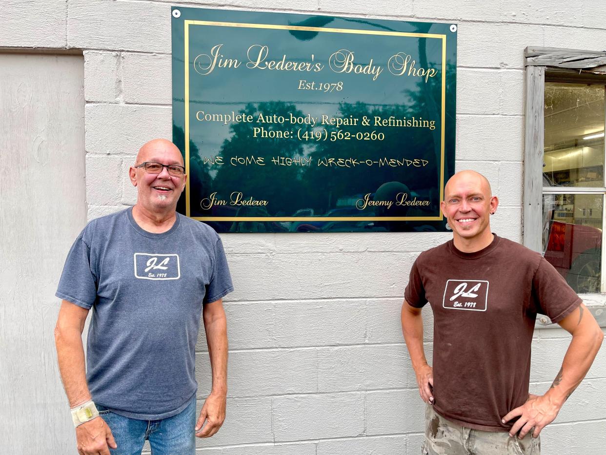 Jim and Jeremy Lederer, from left, stand outside their body shop on South Highland Avenue.