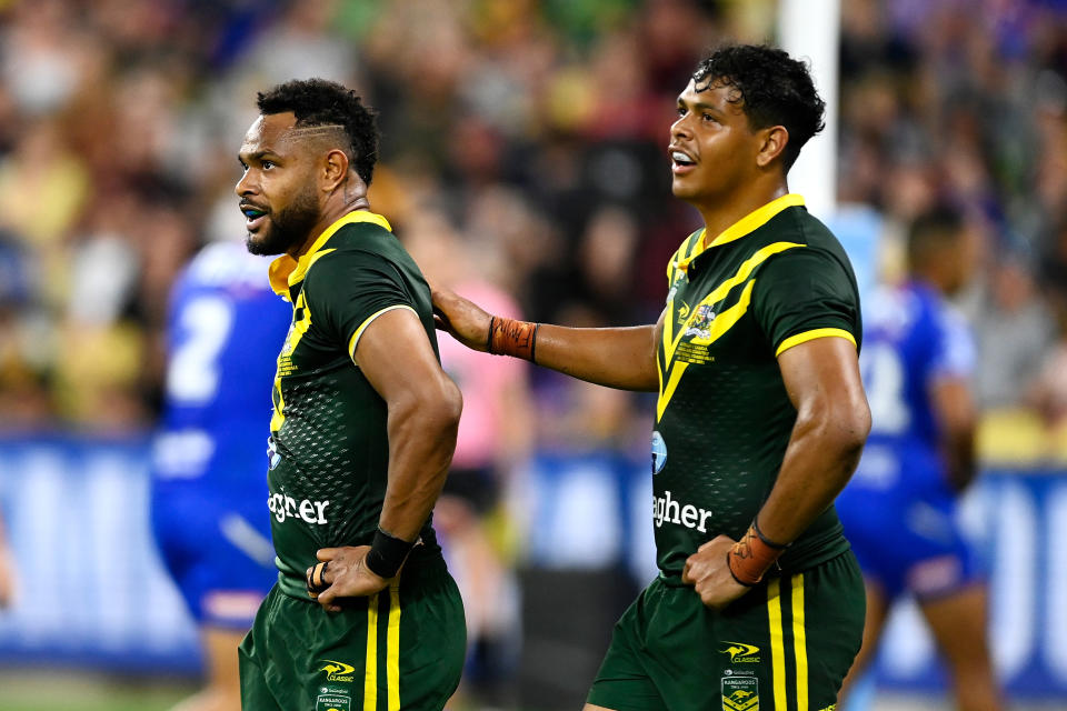 Hamiso Tabuai-Fidow and Selwyn Coboo celebrate.