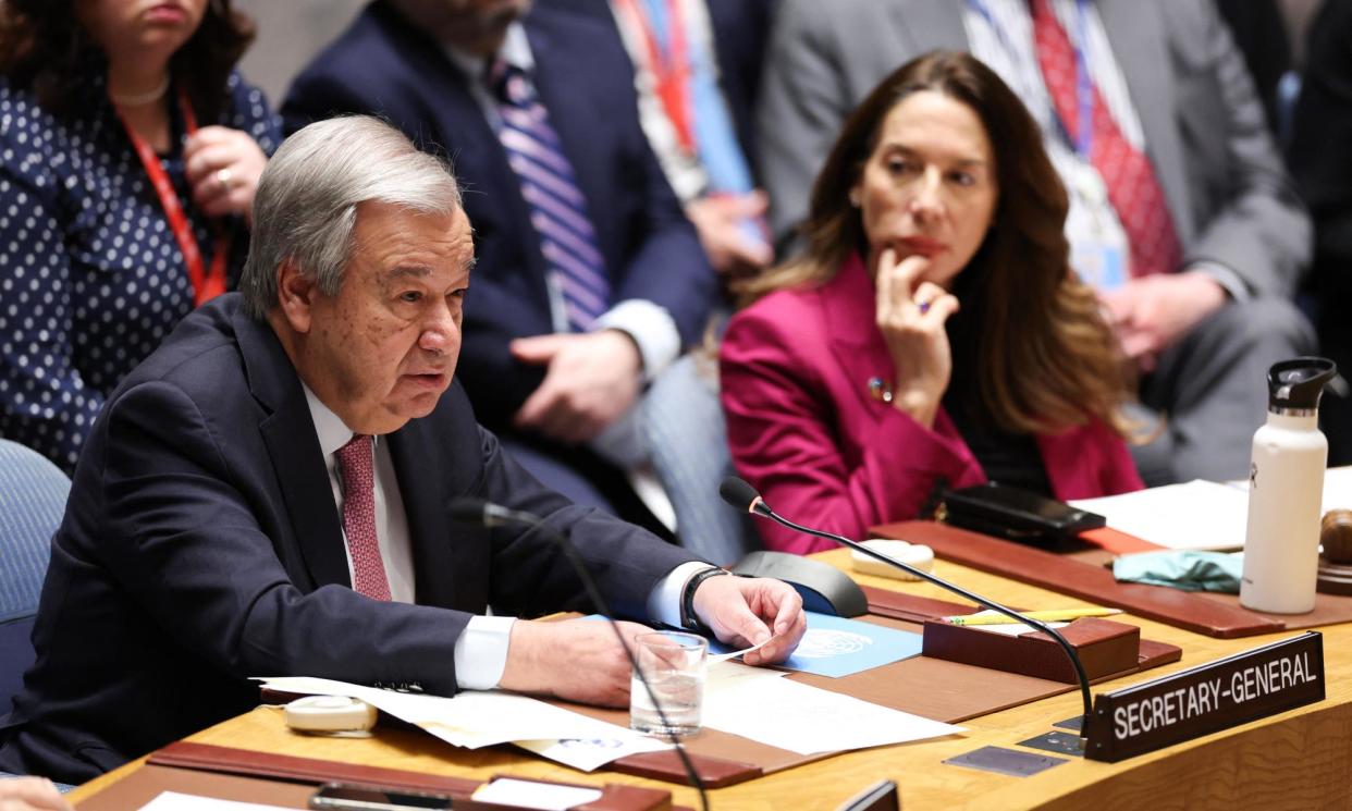 <span>UN chief António Guterres delivers opening remarks at a security council meeting in New York on Sunday after Iran’s reprisal attack on Israel involving about 300 missiles and drones. Guterres said that ‘now is the time to defuse and de-escalate’.</span><span>Photograph: Charly Triballeau/AFP/Getty Images</span>