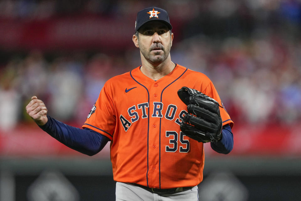 Houston Astros starting pitcher Justin Verlander celebrates the last out in the fifth inning in Game 5 of baseball's World Series between the Houston Astros and the Philadelphia Phillies on Thursday, Nov. 3, 2022, in Philadelphia. (AP Photo/Matt Slocum)