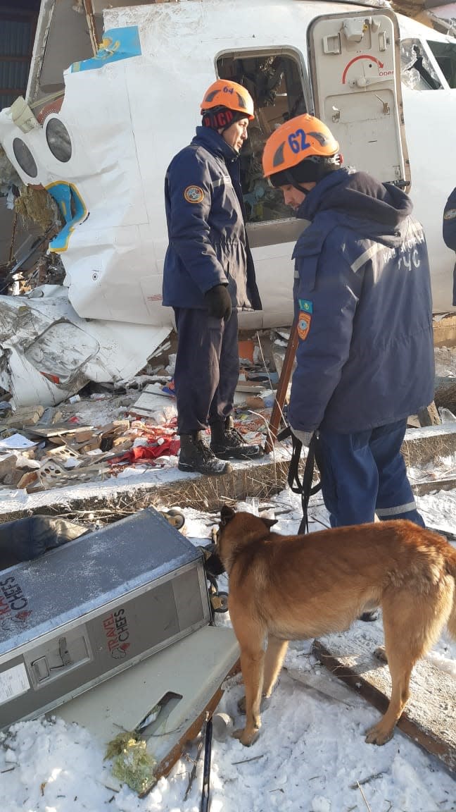 ALMATY, KAZAKHSTAN - DECEMBER 27: (----EDITORIAL USE ONLY  MANDATORY CREDIT - "COMMITTEE FOR EMERGENCY SITUATIONS OF KAZAKHSTAN / HANDOUT" - NO MARKETING NO ADVERTISING CAMPAIGNS - DISTRIBUTED AS A SERVICE TO CLIENTS----) A photo shows the wreckage of a passenger plane after it crashed on December 27, 2019 in Almaty, Kazakhstan. At least 15 people were killed and 66 injured early on Friday when a passenger plane crashed while taking off in Kazakhstan. Rescue efforts are underway at the scene, it added. Kazakhstan's President Kassym Jomart Tokayev announced December 28, 2019, to be the day of national mourning due to passenger plane crashed.     (Photo by Committee for Emergency Situations of Kazakhstan / Handout/Anadolu Agency via Getty Images)