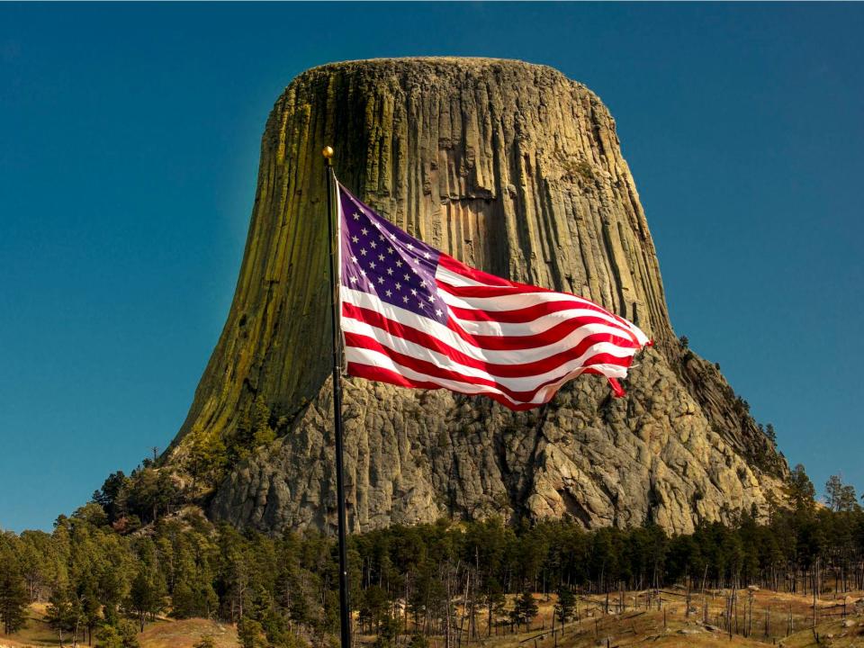 US Flag by the Devils Tower National Monument location for Close Encounters Motion Picture, Hulett, Wyoming.