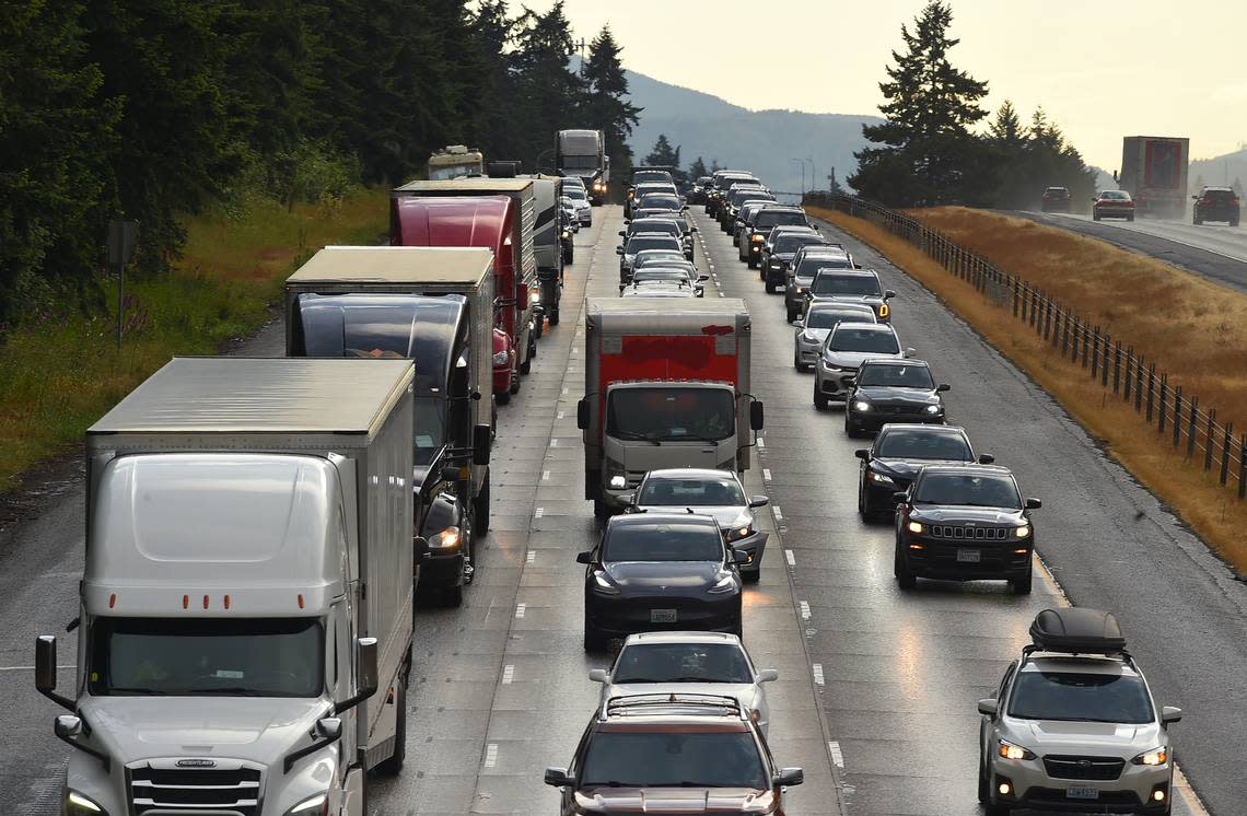Take the ingredients of building summer Sunday traffic volumes, then add a pinch of late afternoon rains and you get a recipe for northbound stop-and-go traffic jams along I-5 through Lacey and the Nisqually delta on June 18, 2023. Steve Bloom/sbloom@theolympan.com