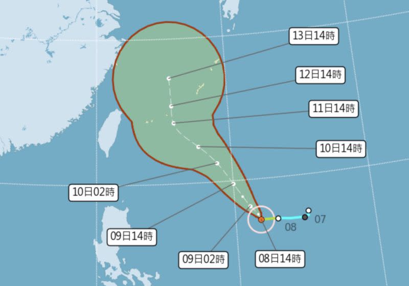 ▲氣象局表示，梅花颱風路徑持續偏西移動，恐為台灣陸地帶來較多水氣，中秋夜北部、東半部地區變天，民眾賞月得碰點運氣了。（圖／翻攝中央氣象局官網）