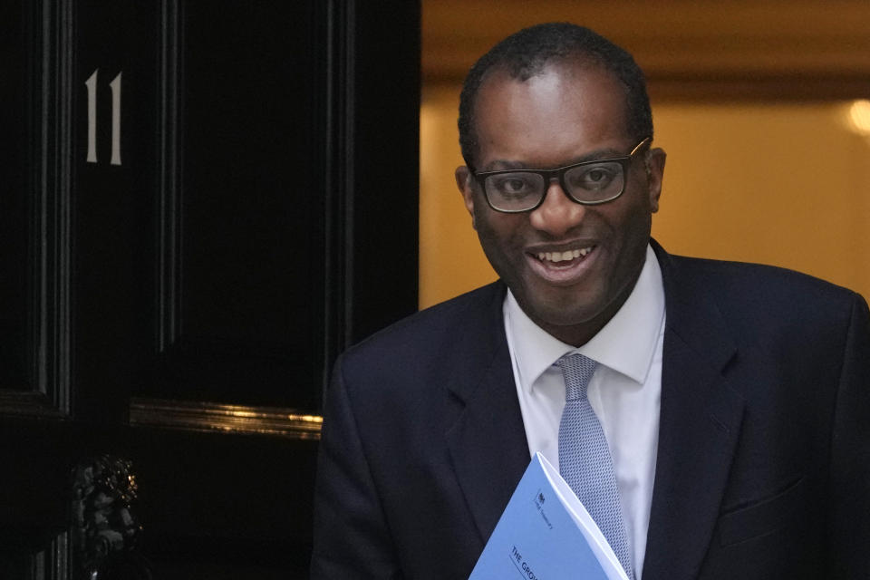 Britain's Chancellor Kwasi Kwarteng leaves 11 Downing Street in London, Friday, Sept. 23, 2022. The Chancellor will deliver a mini budget in parliament. (AP Photo/Kirsty Wigglesworth)