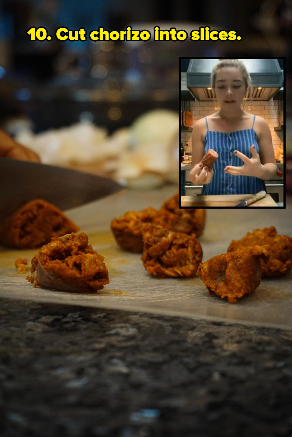 close-up of sliced chorizo (inset) florence pugh holding a hard-style chorizo