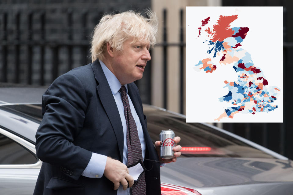 Boris Johnson in Downing Street on Tuesday, as data showed COVID cases are rising in one in three areas of the UK. (Getty Images)