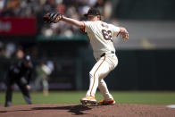 San Francisco Giants starting pitcher Logan Webb delivers against the San Diego Padres during the first inning of a baseball game, Sunday, April 7, 2024, in San Francisco. (AP Photo/D. Ross Cameron)