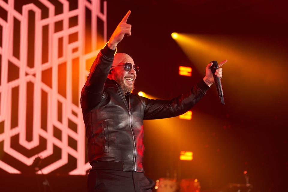 Mar 12, 2022; Phoenix, Arizona, USA; Pitbull preforms at the Gateway Celebrity Fight Night at the JW Marriott Phoenix Desert Ridge Resort & Spa.