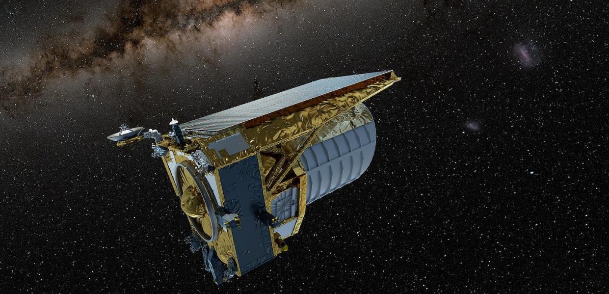 El telescopio espacial Euclid de la Agencia Espacial Europea (ESA) estudiará el "universo oscuro". <a href="https://www.esa.int/Science_Exploration/Space_Science/Euclid_overview" rel="nofollow noopener" target="_blank" data-ylk="slk:ESA;elm:context_link;itc:0;sec:content-canvas" class="link ">ESA</a>, <a href="http://creativecommons.org/licenses/by-sa/4.0/" rel="nofollow noopener" target="_blank" data-ylk="slk:CC BY-SA;elm:context_link;itc:0;sec:content-canvas" class="link ">CC BY-SA</a>