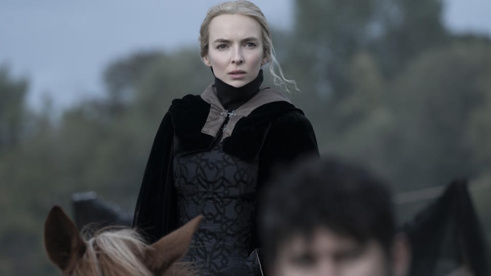 Jodie Comer sits on a horse in The Last Duel