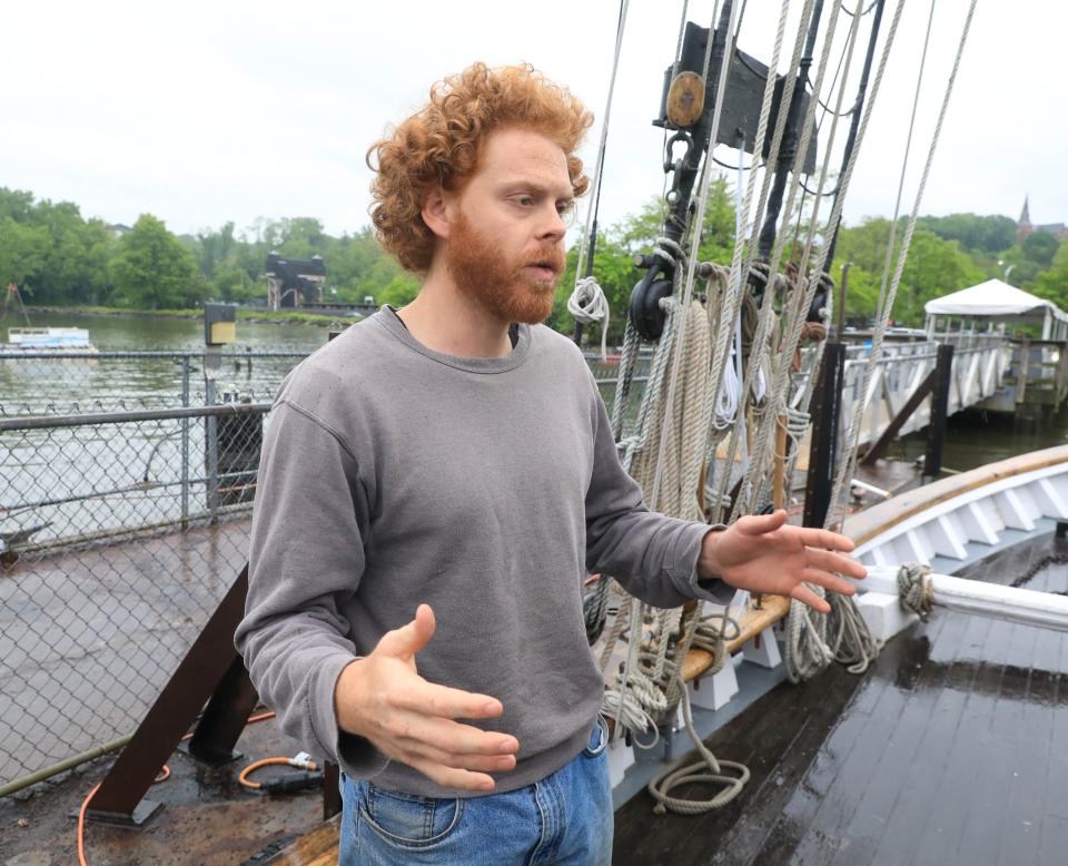 Sloop Clearwater captain Rory Kane talks about planned maintenance for the sloop while at anchor in Beacon on May 15, 2024.