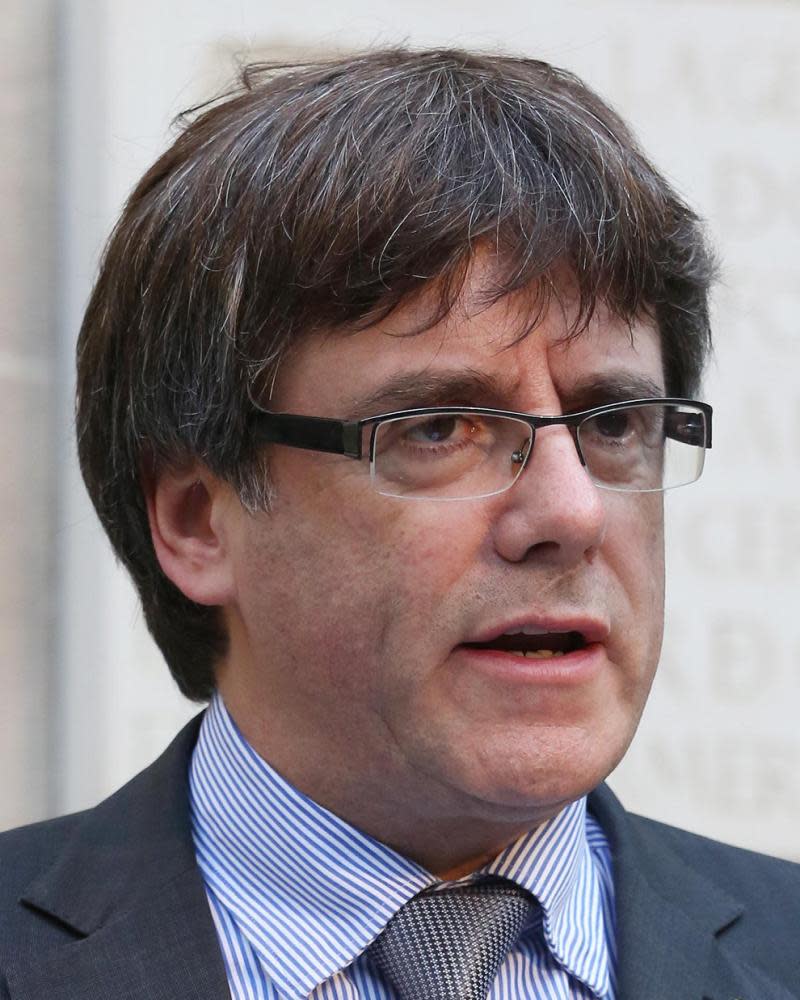 Catalan President Carles Puigdemont speaking at the regional government headquarters in Barcelona, Spain.