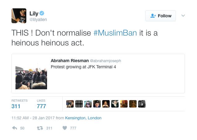 Singer Lily Allen took to social media to express her opinion about the immigration ban, calling it &quot;a heinous act.&quot;