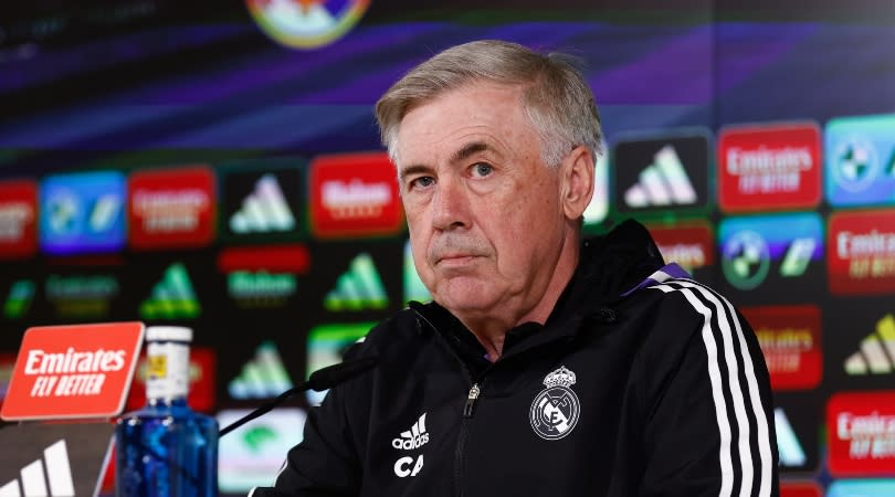  Real Madrid coach Carlo Ancelotti speaks to the media ahead of his team's trip to Barcelona in LaLiga in March 2023. 