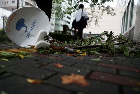 A satellite broadcast television receiving antenna, which was blown away by strong winds caused by Typhoon Faxai, is seen on a street in Tokyo