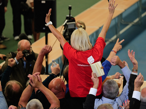 Leave campaigners celebrate as they win Sutherland during the North East EU count. Photo: Getty.