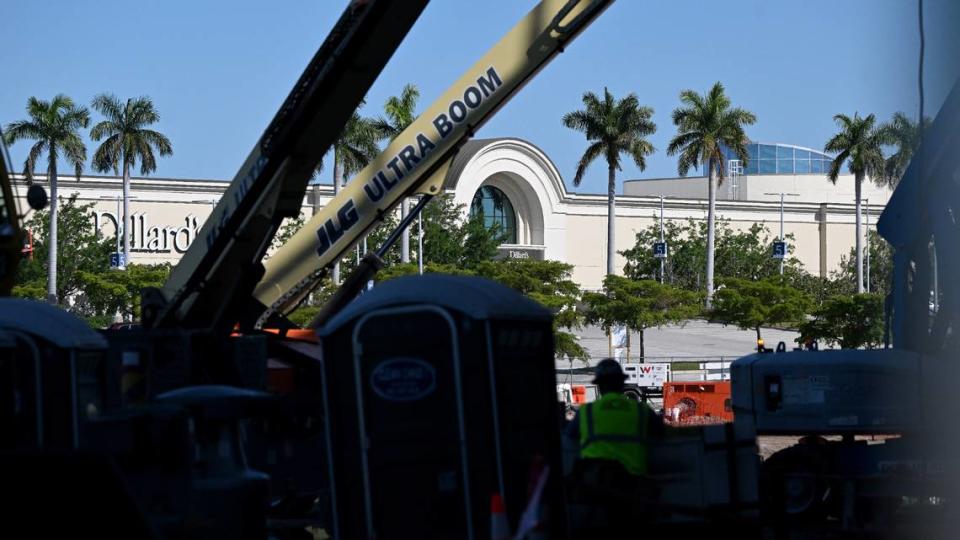 The UTC Mall is seen beyond work at Mote SEA during a media tour of the ongoing construction on Friday, April 5, 2024.