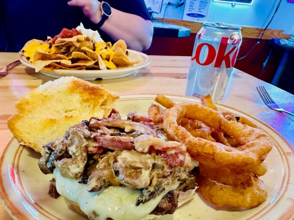 A closer look at the mushroom and Swiss burger from the Badger's Den.