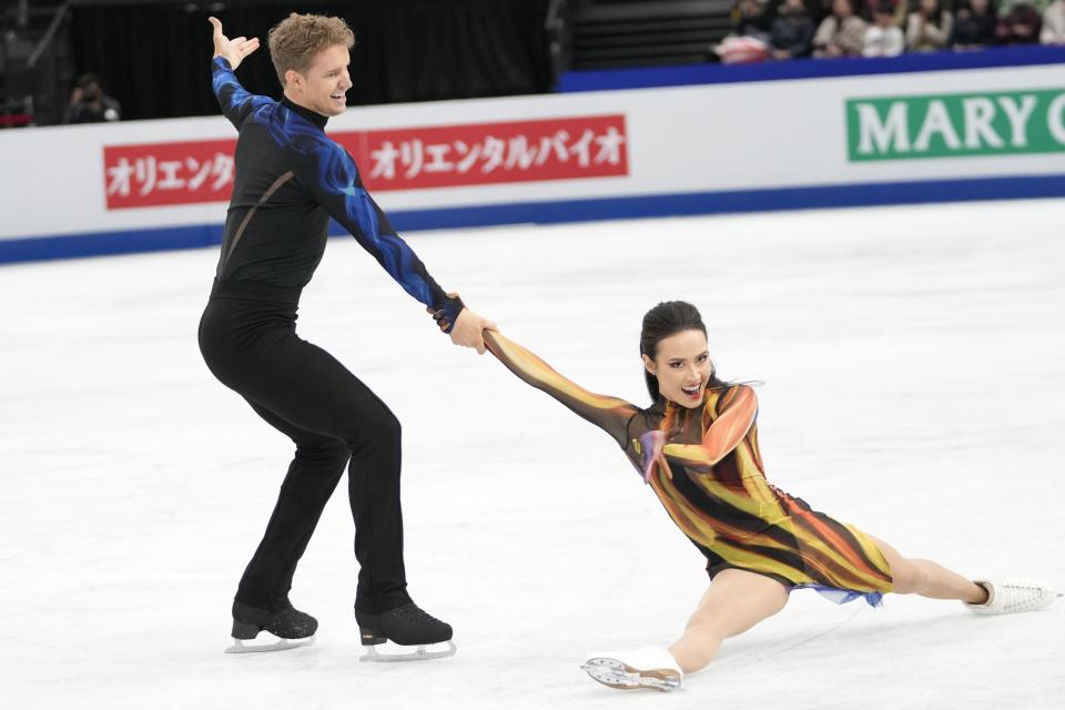 Madison Chock and Evan Bates of the U.S. perform during the ice dance free dance program in the World Figure Skating Championships in Saitama, north of Tokyo, Saturday, March 25, 2023. (AP Photo/Hiro Komae)