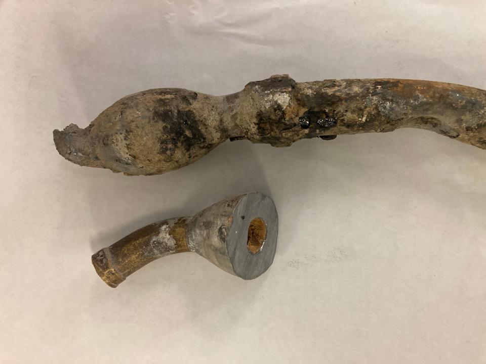 Parts of lead water service extension lines recently removed from a house in Great Falls. Lead is a toxic metal that is persistent in the environment and can accumulate in the body over time.