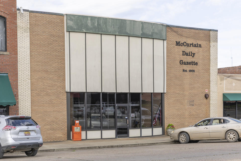 A view of the McCurtain Daily Gazette building is seen on Friday, April 21, 2023, in Idabel, Okla. The growing optimism of McCurtain County's tourism boom over the last two decades took a gut punch last week when the local newspaper identified several county officials, including the sheriff and a county commissioner, who were caught on tape discussing killing journalists and lynching Black people. (AP Photo/Alonzo Adams)