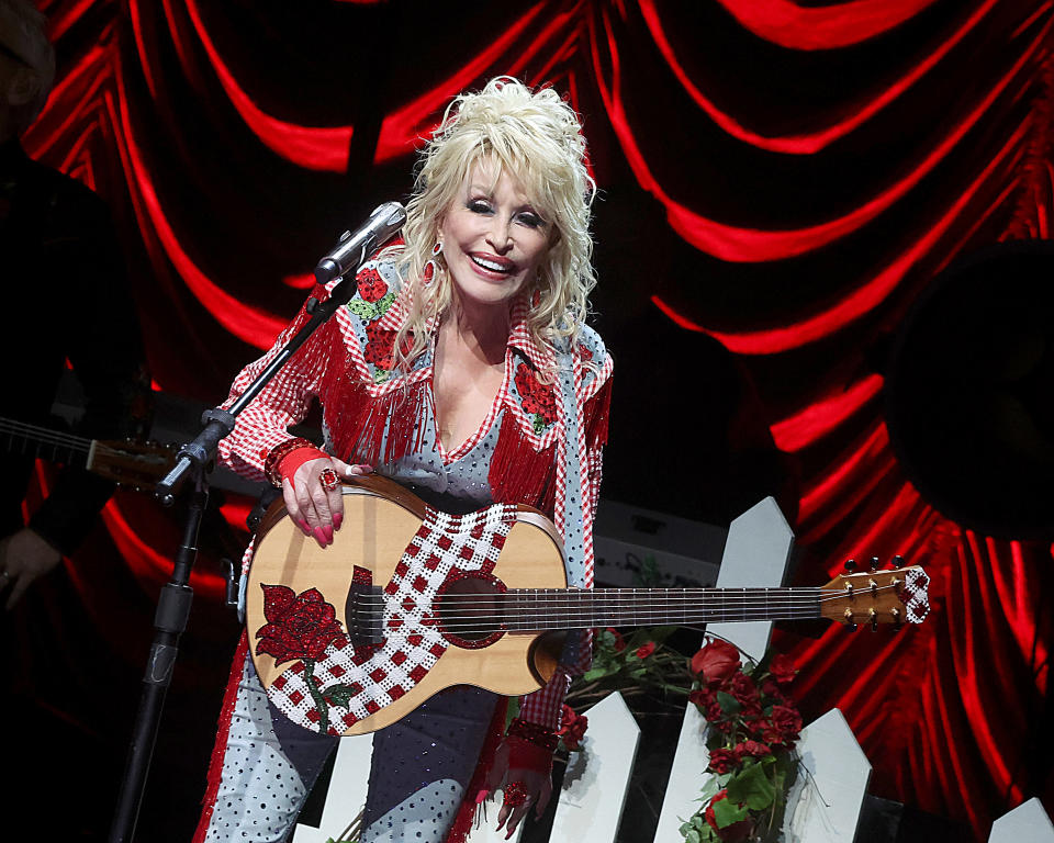 AUSTIN, TEXAS - MARCH 18: Dolly Parton performs on stage at ACL Live during Blockchain Creative Labs’ Dollyverse event at SXSW on March 18, 2022 in Austin, Texas. (Photo by Gary Miller/WireImage)