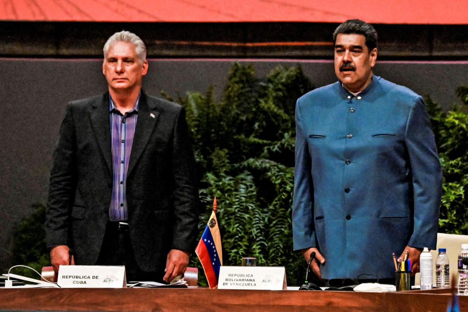 Cuba's President Miguel Diaz Canel, left, and Venezuelan President Nicolas Maduro attend the XXI Summit of the Bolivarian Alliance for the Peoples of Our America-People's Trade Agreement in Havana on May 27, 2022. (Yamil Lage / Pool/AFP via Getty Images)