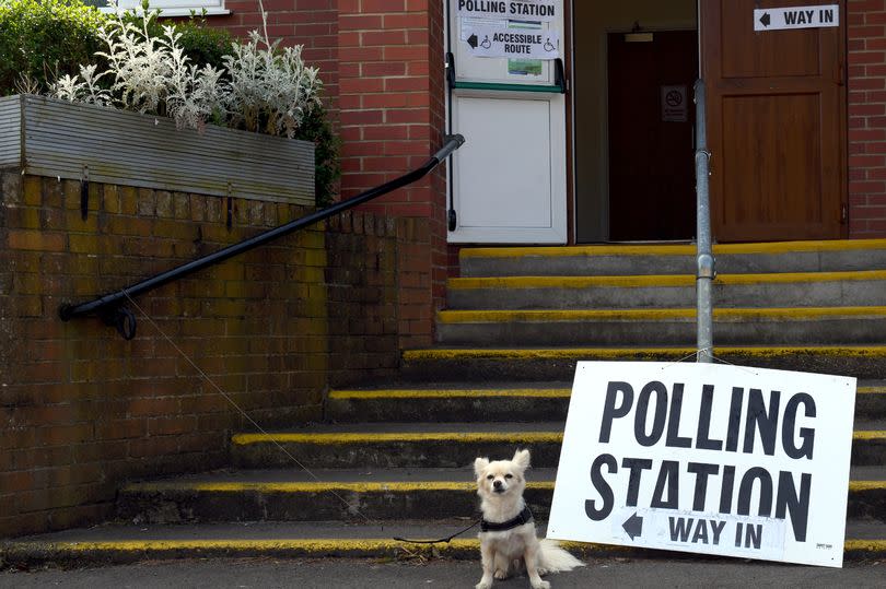 Pablo the dog outside Goxhill Memorial Hall for May local elections